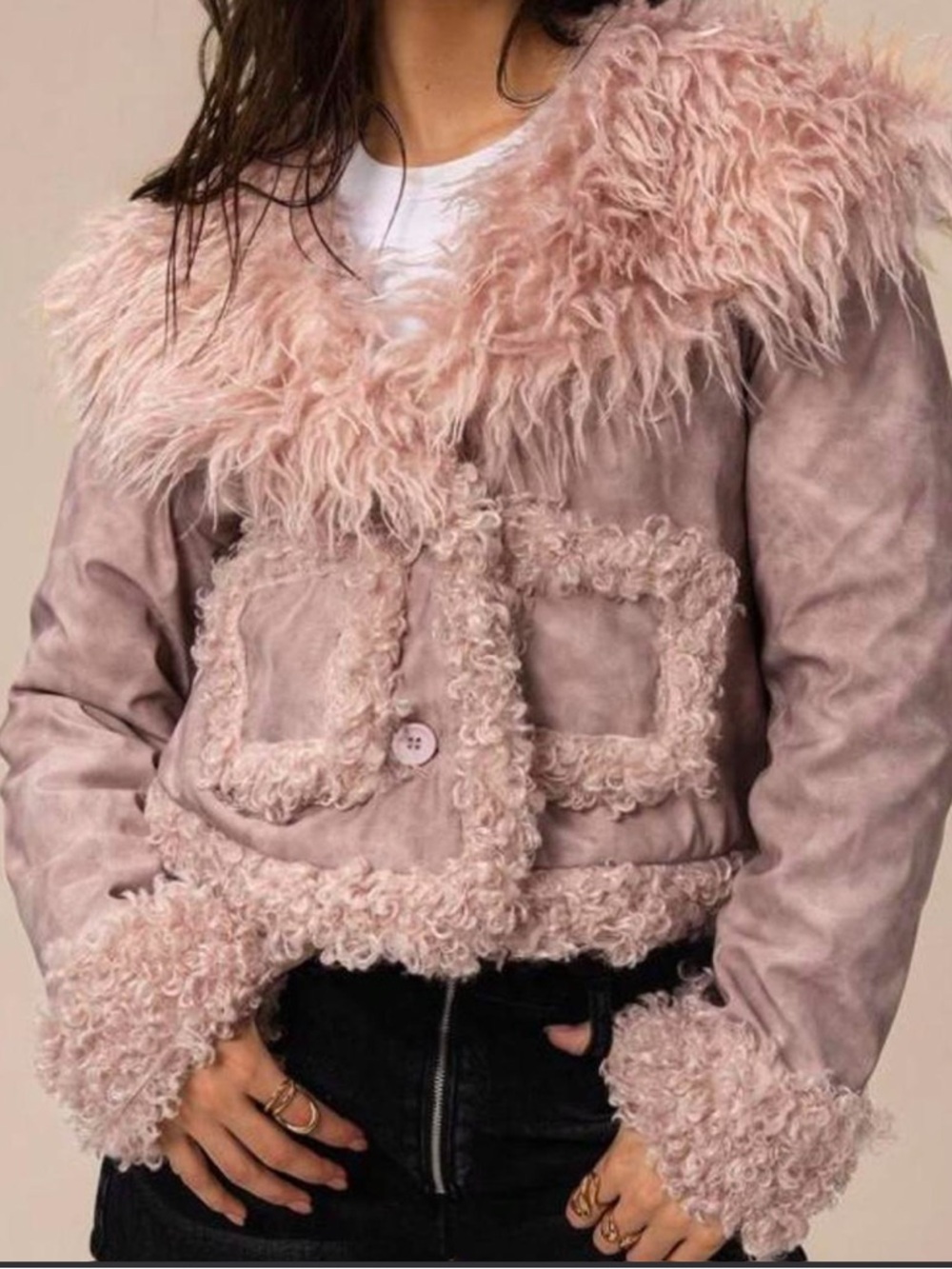 Cropped Pink marble faux leather jacket with faux fur trim